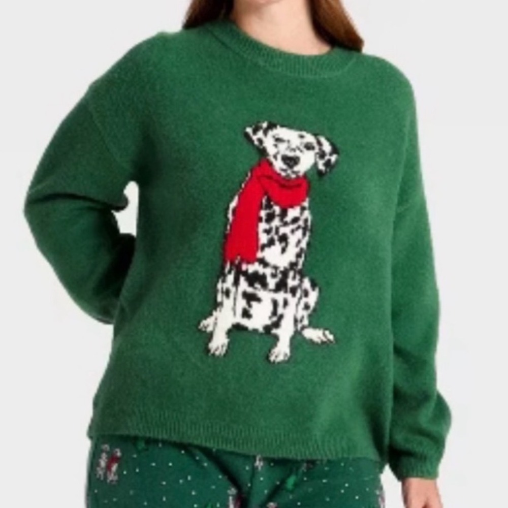 Wondershop Dalmatian Dog Holiday Sweater Green Red Scarf XL